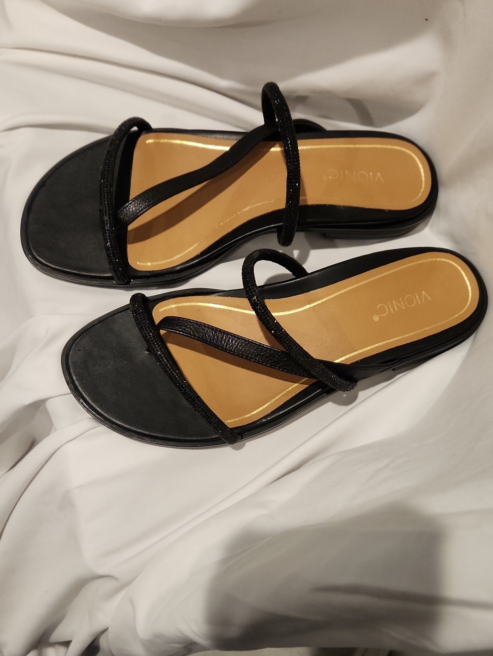 NWOT Vionic Prism Black Rhinestone Strappy Orthotic Slide Sandals Size 8